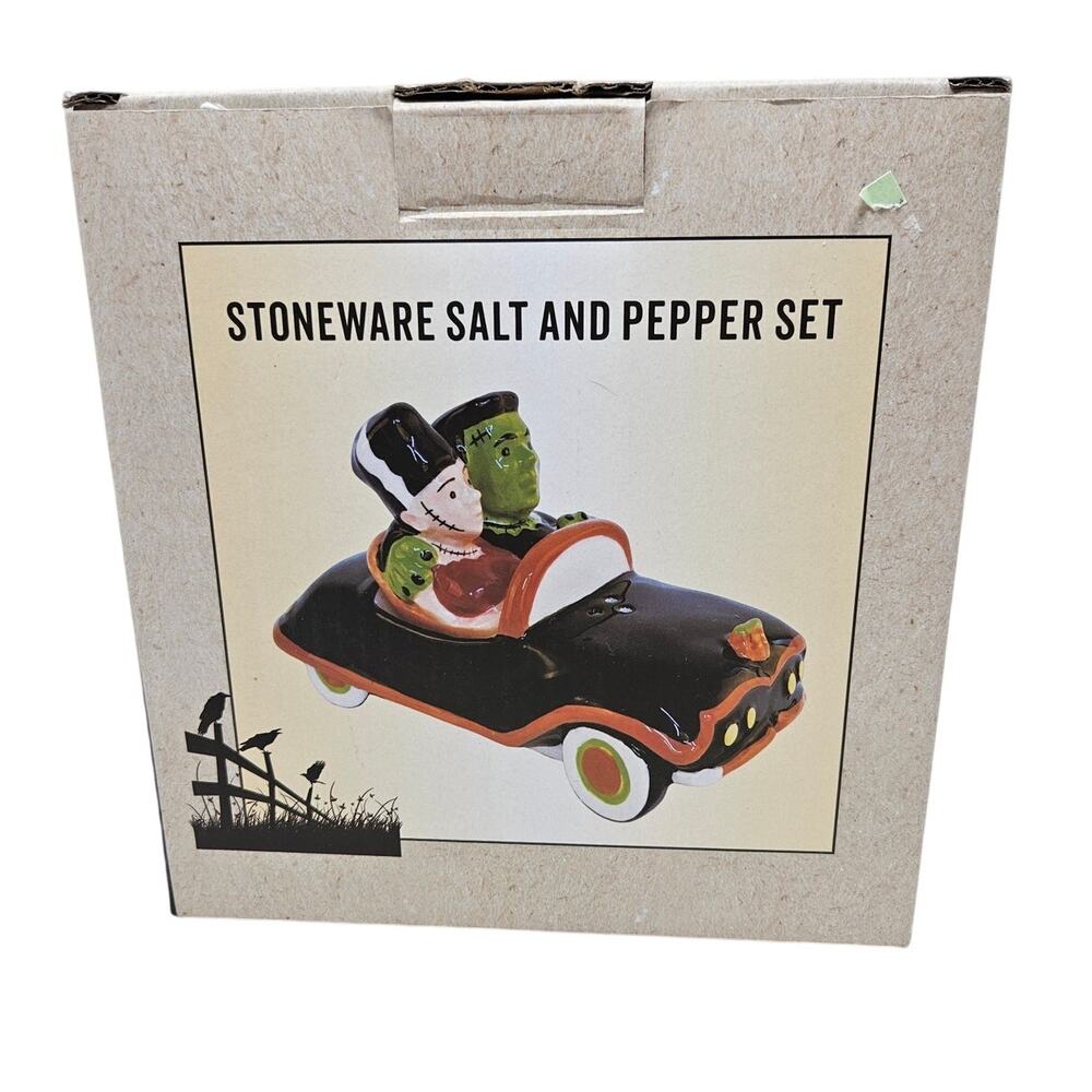 NEW Cracker Barrel Salt Pepper Halloween Frankenstein Bride Car Stoneware